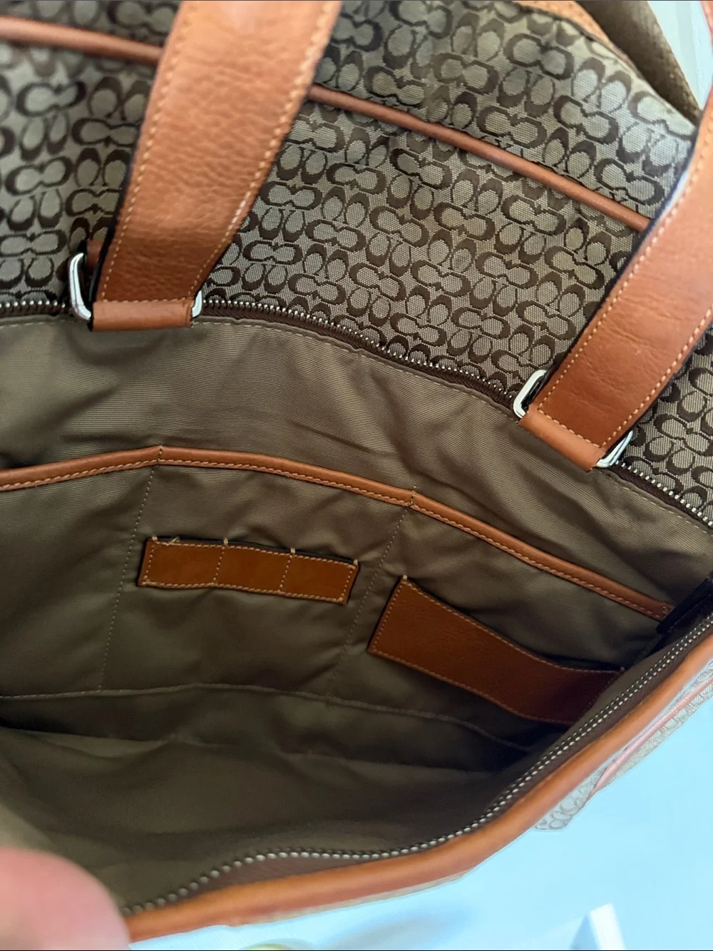 Large Coach Signature Canvas Briefcase with Tan Leather Trim